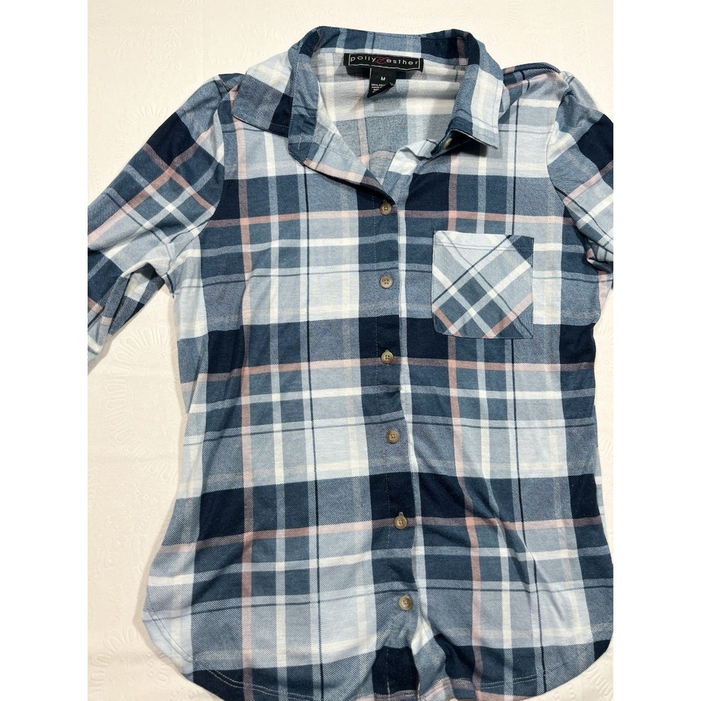 Polly & Esther Plaid Flannel Shirt Size M Navy Pink Button Up Long Sleeve Pocket